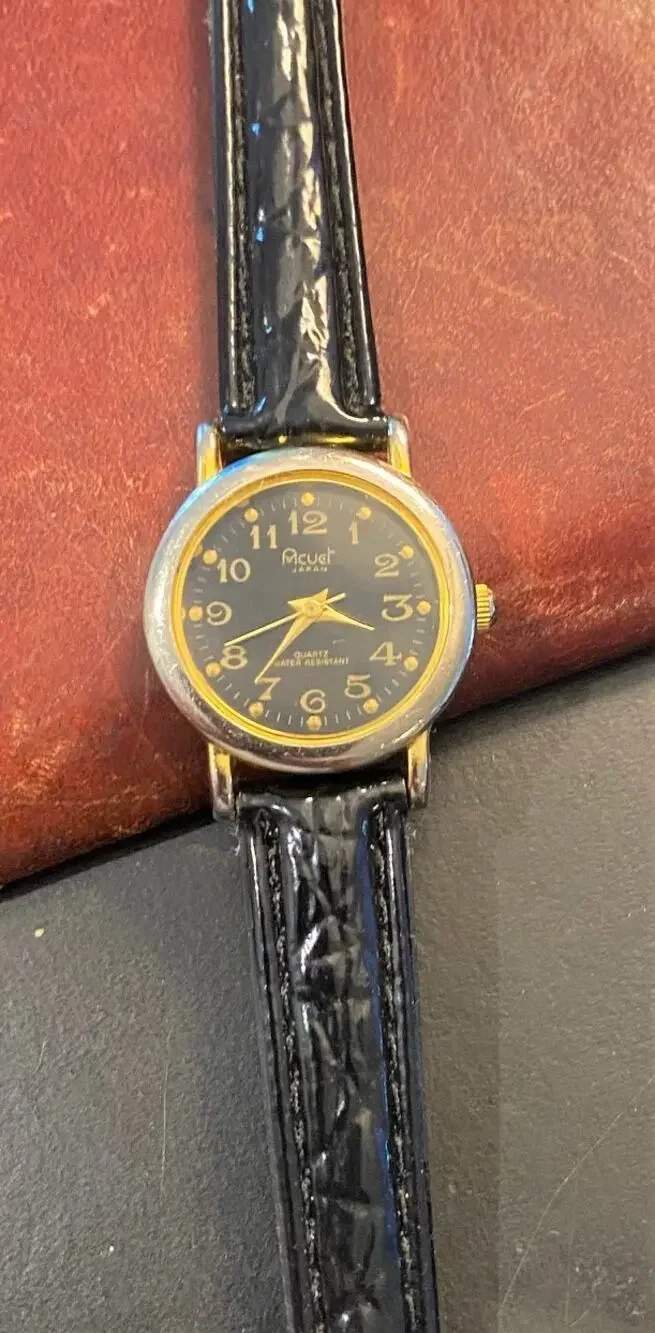 Women's 24mm Acuet Quartz Watch, Gold Tone, Black Face, Leather Band